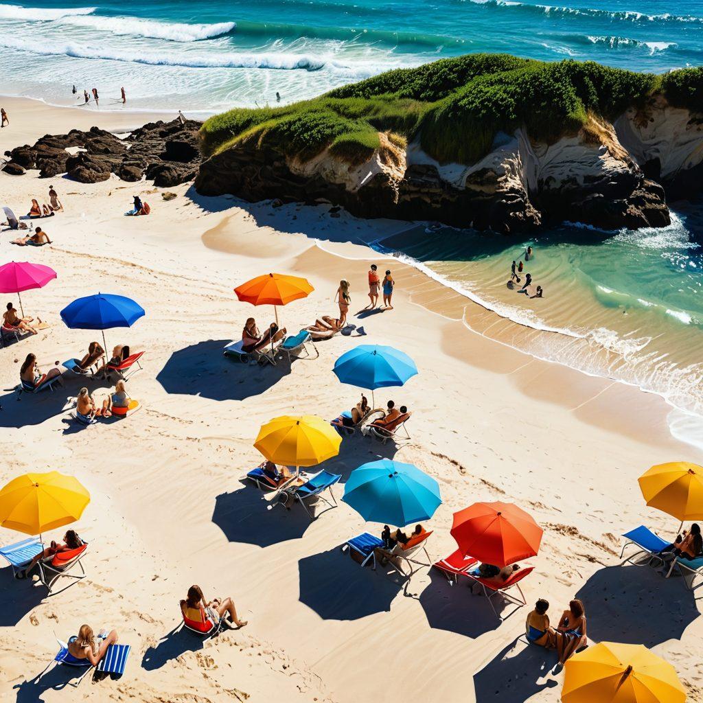 A stylish beach scene featuring diverse people in vibrant, fashionable swimwear. Highlight a cascading ocean wave in the background and a bright sun illuminating the beach. Include colorful beach umbrellas and soft white sand. Emphasize a sense of fun and relaxation, with accessories like sunglasses and beach bags. add a playful, summer vibe. vibrant colors. super-realistic.